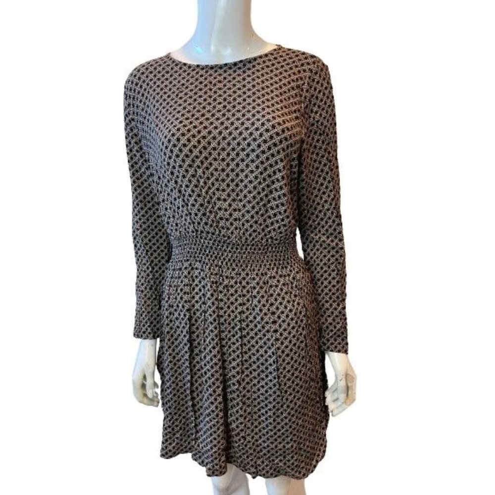 H&M Womens Mini Dress Geometric Print Smocked Waist Long Sleeve Tan Black SZ 10